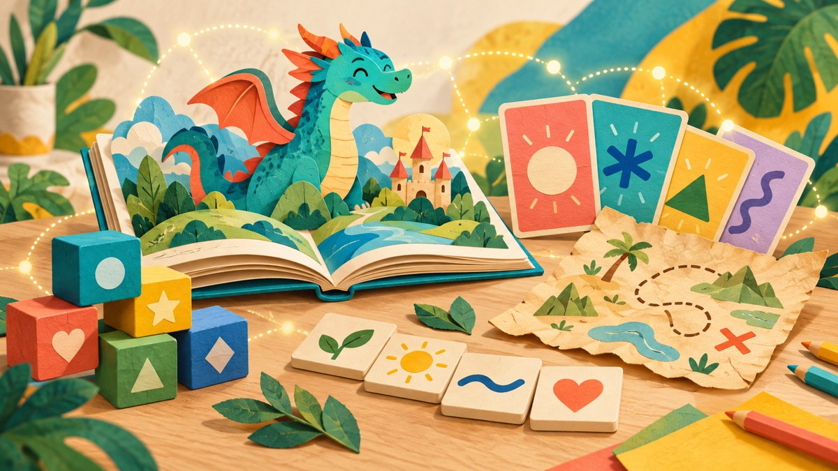 Ilustração de um livro com dragão, cartas de quiz, mapa do tesouro e peças de jogos educativos