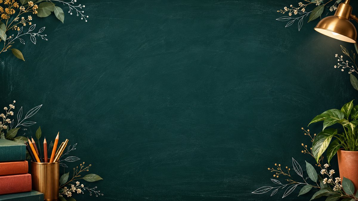 Fundo de lousa escura com folhagens e materiais escolares