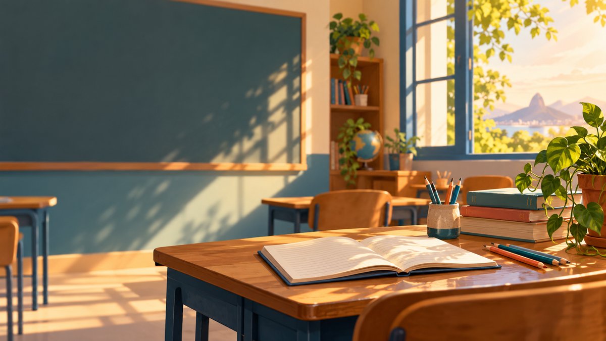 Ilustração de uma mesa de professora com livros, caderno aberto e lápis sob a luz da tarde