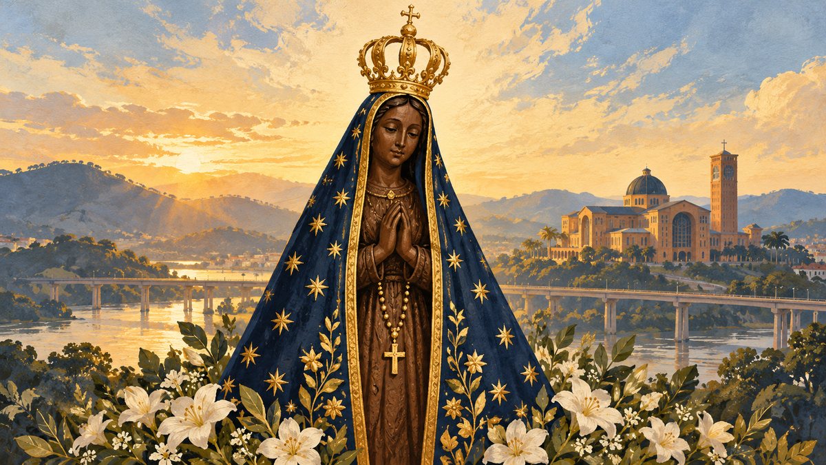 Ilustração original de Nossa Senhora Aparecida, com manto azul sob o céu dourado