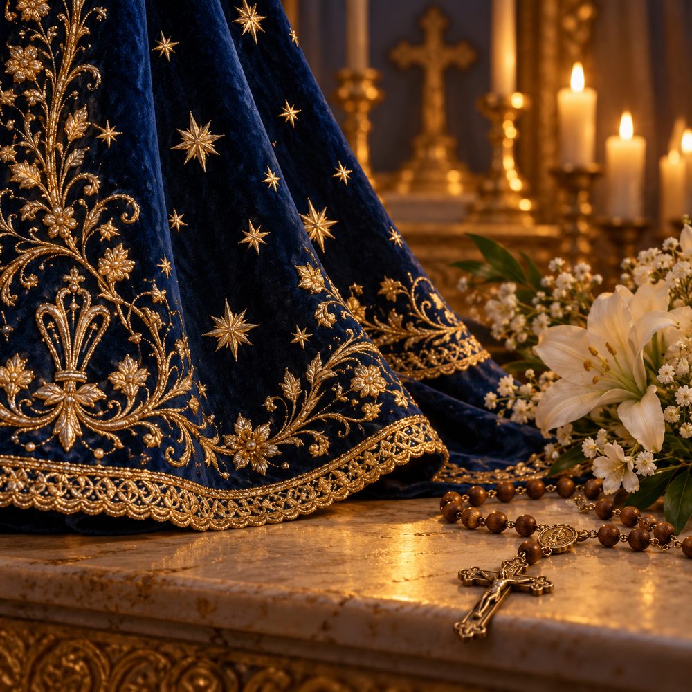 Manto azul bordado com estrelas douradas, flores e rosário