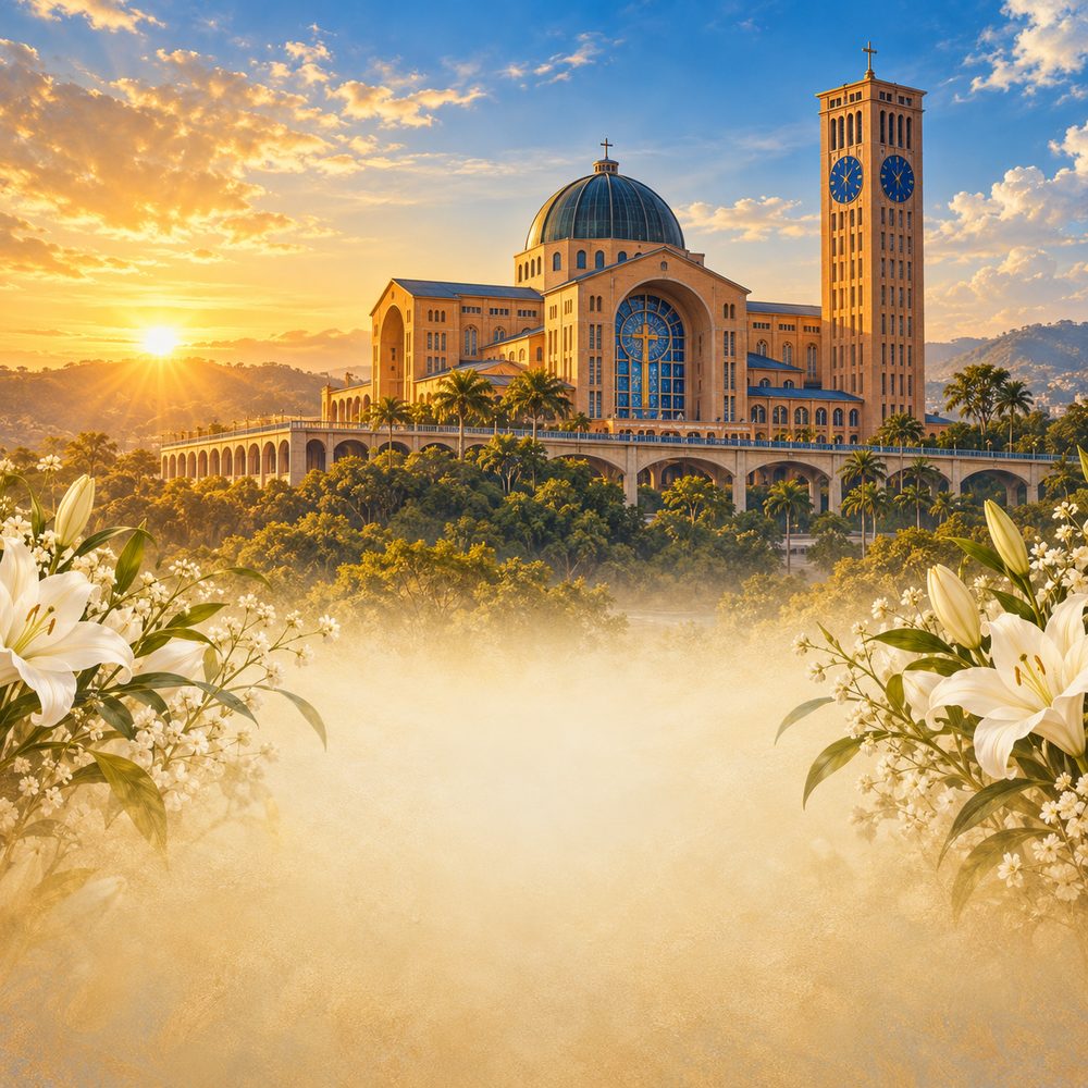 Ilustração do Santuário de Aparecida ao pôr do sol, entre flores brancas